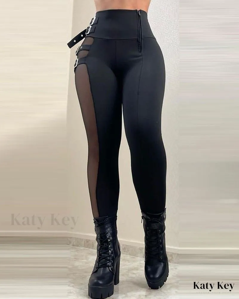 KatyKey - Buckled High Waist Mesh Patched Trousers - Stylish and Fashionable