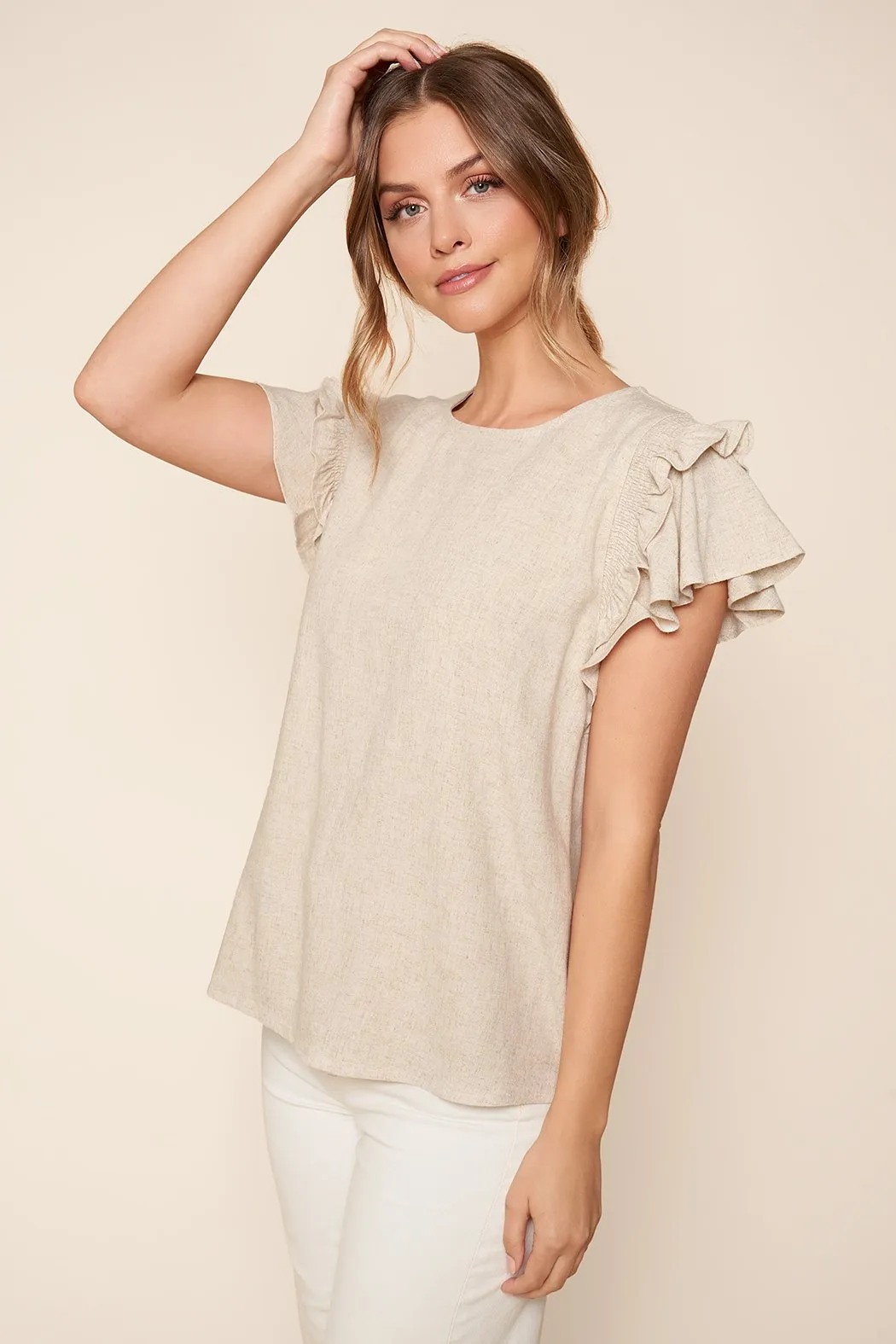 Kimberly Linen Ruffle Short Sleeve Top