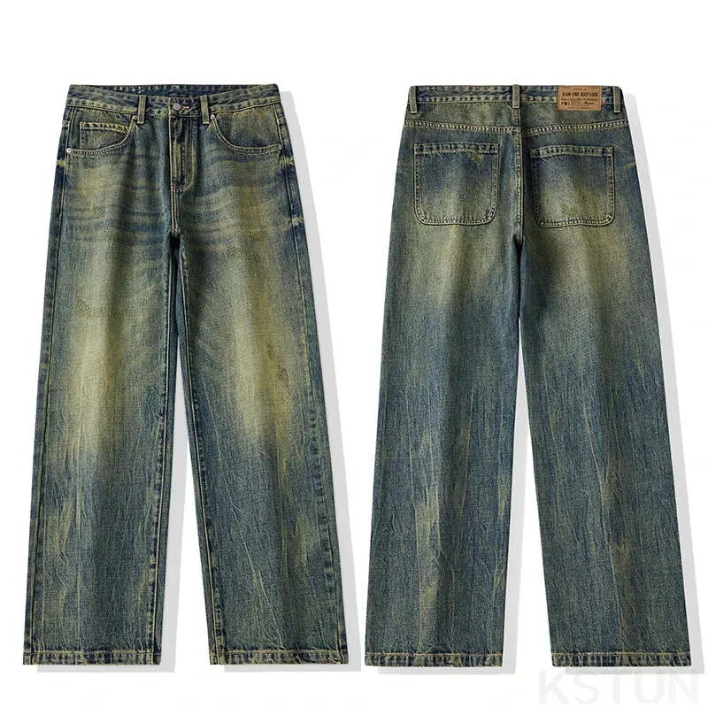 KSTUN Baggy Jeans Men Wide Leg Pants Loose Fit Retro Blue Casual Men's Trousers Vintage Clothes 2024 New Kpop Large Size Cowboys
