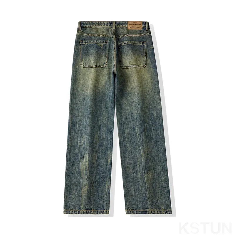 KSTUN Baggy Jeans Men Wide Leg Pants Loose Fit Retro Blue Casual Men's Trousers Vintage Clothes 2024 New Kpop Large Size Cowboys