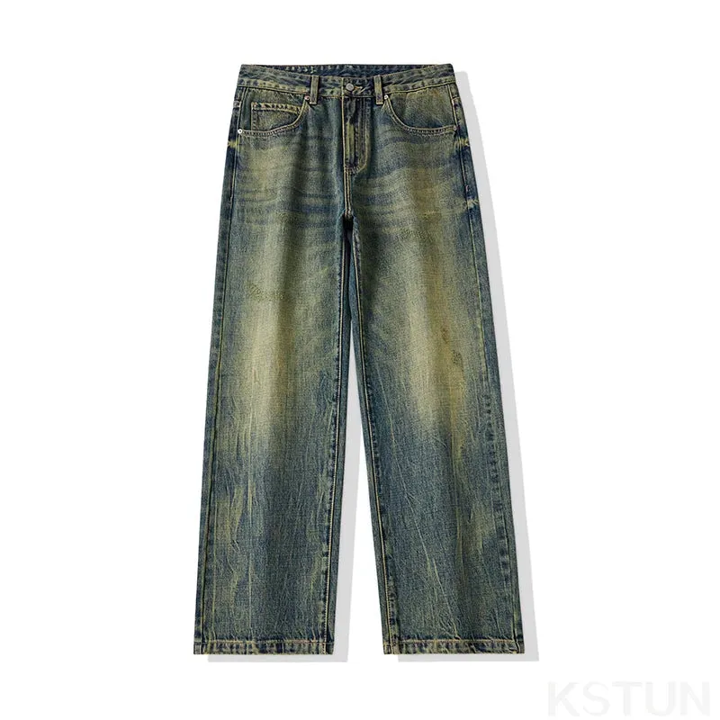 KSTUN Baggy Jeans Men Wide Leg Pants Loose Fit Retro Blue Casual Men's Trousers Vintage Clothes 2024 New Kpop Large Size Cowboys