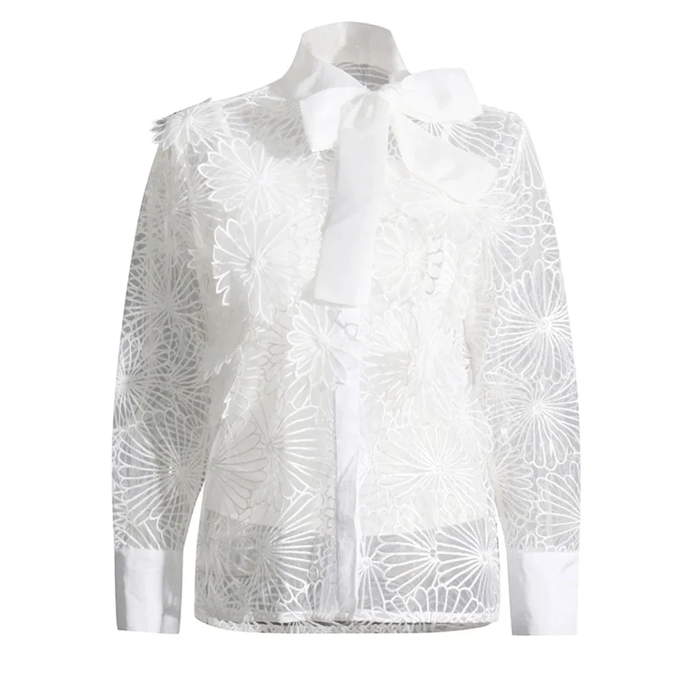 Lace Panel Elegant Shirt For Women Lapel Long Sleeve Embroidery Solid Korean Blouses Female Summer Clothes