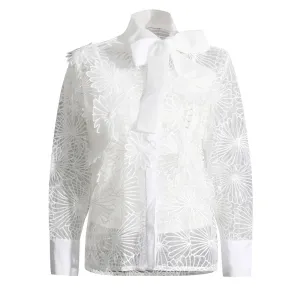 Lace Panel Elegant Shirt For Women Lapel Long Sleeve Embroidery Solid Korean Blouses Female Summer Clothes