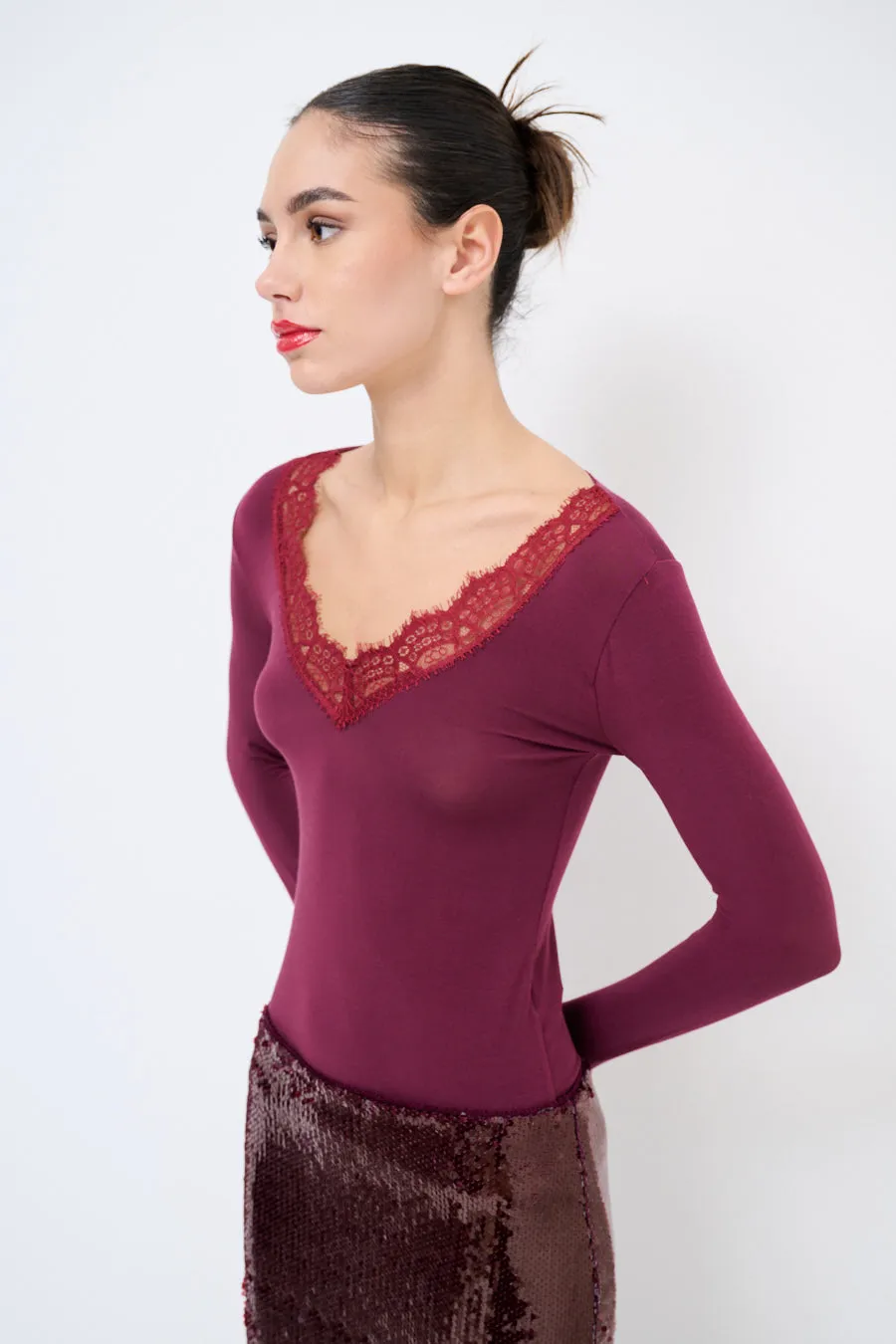 Lace-trimmed long-sleeve v-neck top wholesale