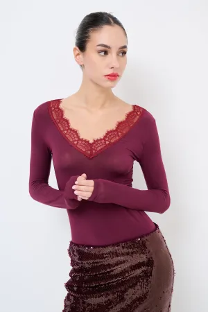 Lace-trimmed long-sleeve v-neck top wholesale
