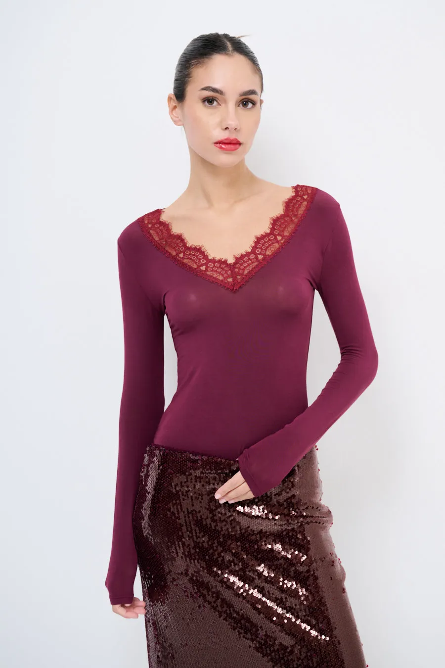 Lace-trimmed long-sleeve v-neck top wholesale