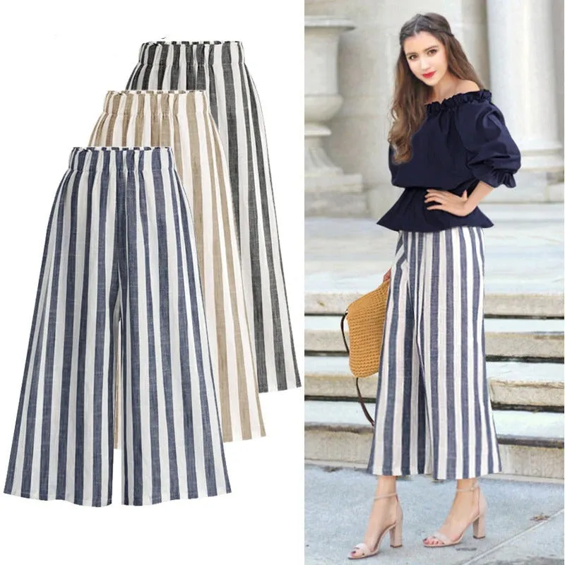 Linen High Waist Summer Cotton Pants With Stripes