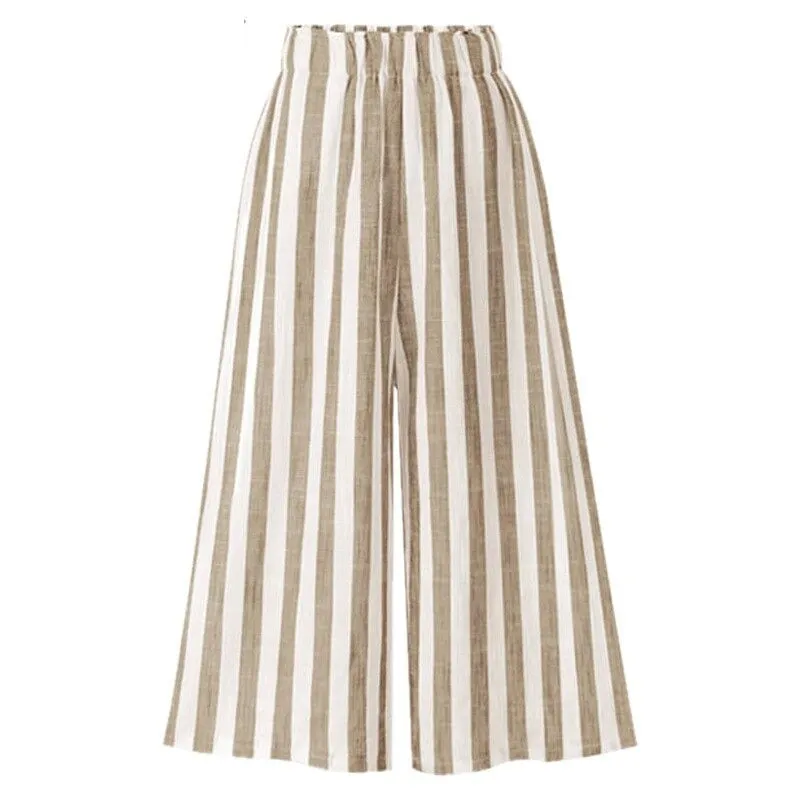 Linen High Waist Summer Cotton Pants With Stripes