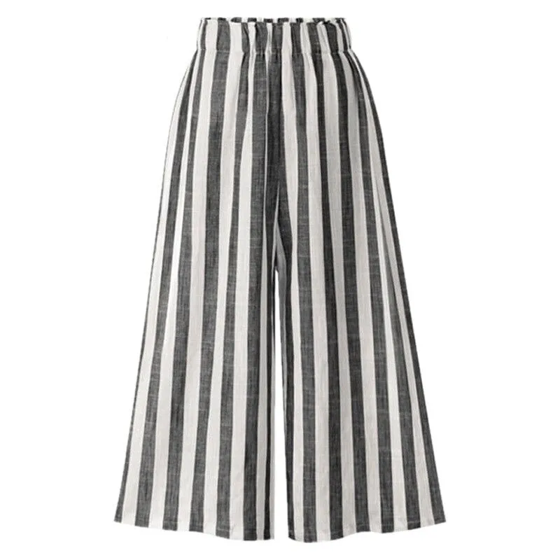 Linen High Waist Summer Cotton Pants With Stripes