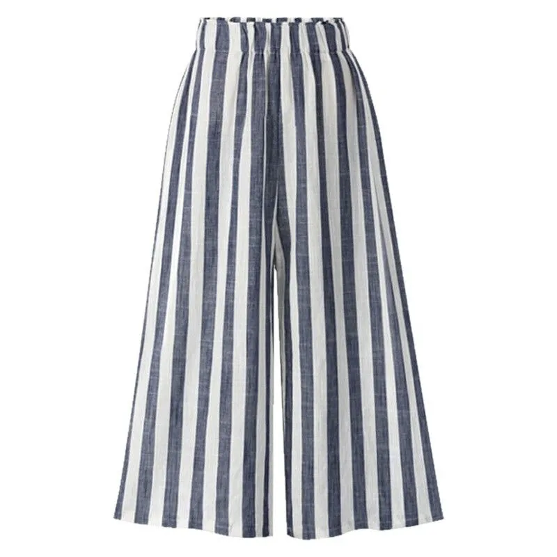 Linen High Waist Summer Cotton Pants With Stripes