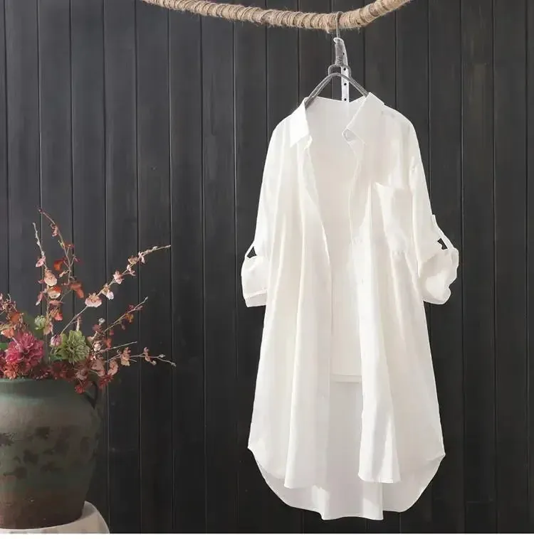 Long Shirts Lady Loose Breathable Midi Shirt and Blouse