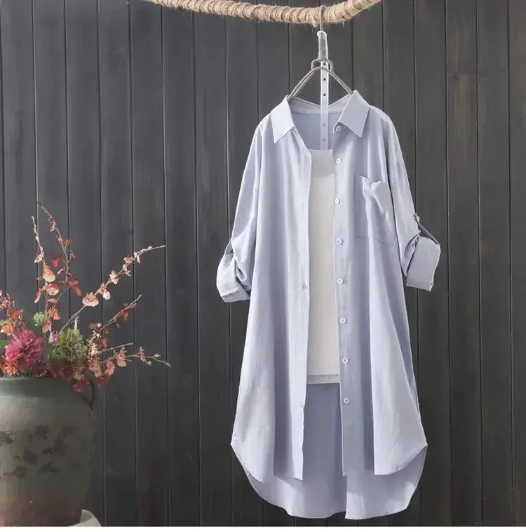 Long Shirts Lady Loose Breathable Midi Shirt and Blouse