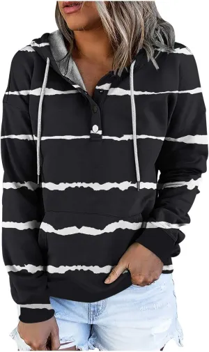 LRMQS Womens Hoodies Pullover Trendy Button Drawstring Hooded Striped Sweatshirt Loose Fit Fall Fashion 2024 Casual Pullover