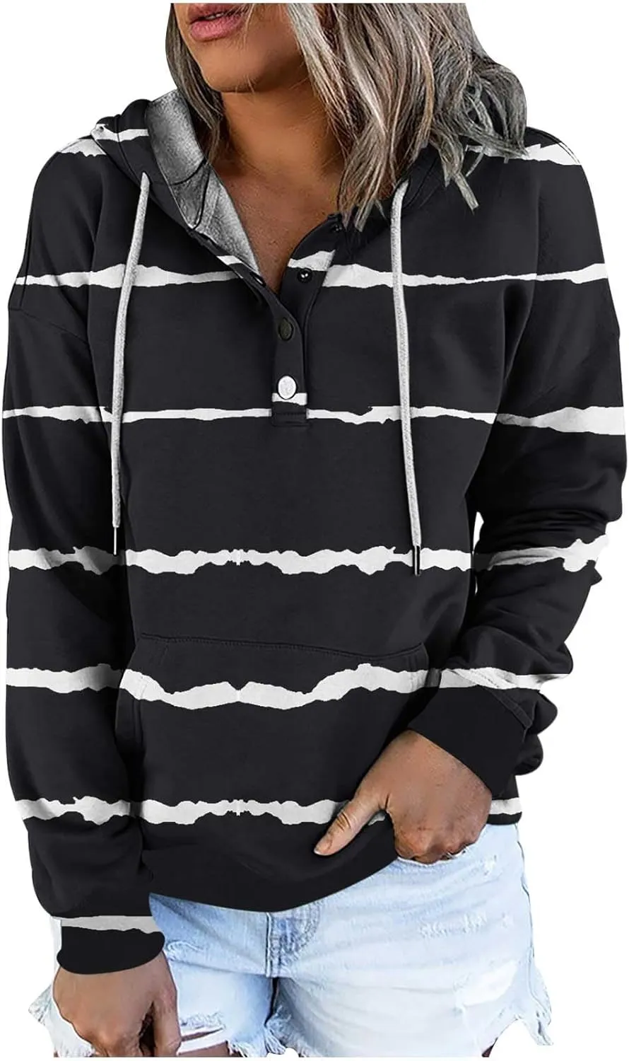 LRMQS Womens Hoodies Pullover Trendy Button Drawstring Hooded Striped Sweatshirt Loose Fit Fall Fashion 2024 Casual Pullover