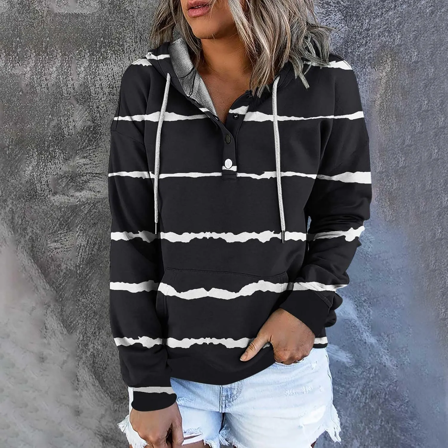 LRMQS Womens Hoodies Pullover Trendy Button Drawstring Hooded Striped Sweatshirt Loose Fit Fall Fashion 2024 Casual Pullover
