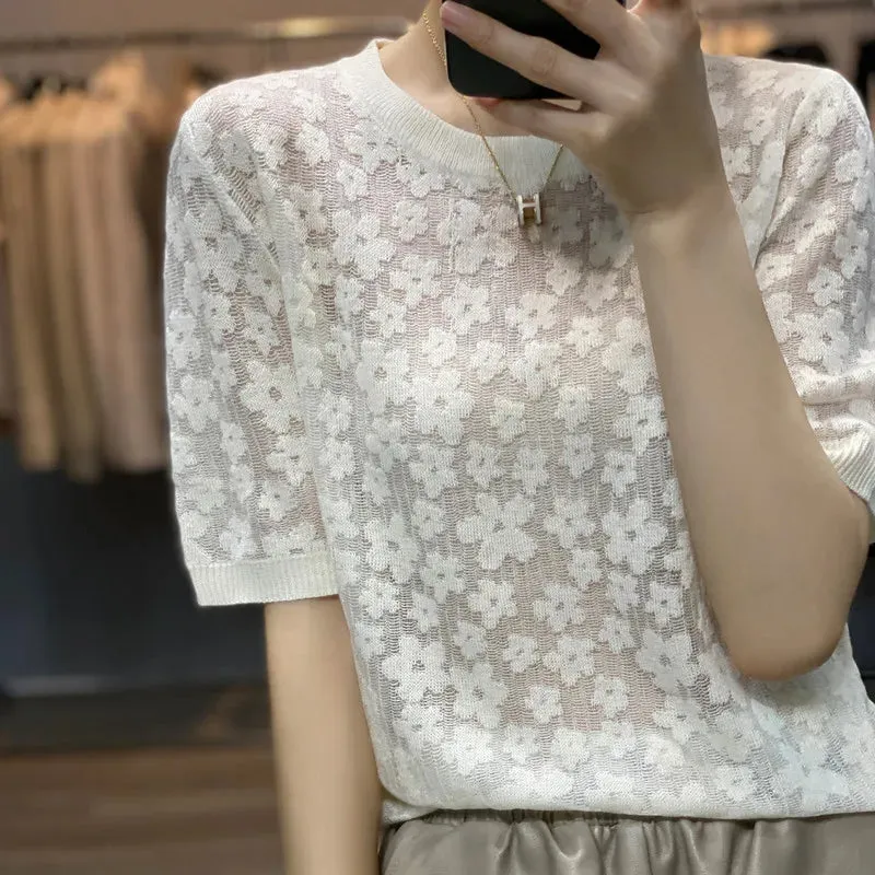 LVSANW 2024 spring / summer sexy light cashmere short sleeve women's thin breathable pullover O-neck cashmere fashion casual top Korean