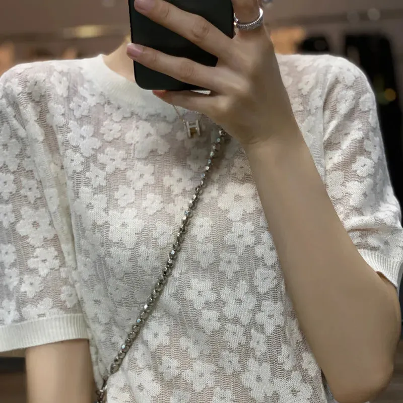 LVSANW 2024 spring / summer sexy light cashmere short sleeve women's thin breathable pullover O-neck cashmere fashion casual top Korean