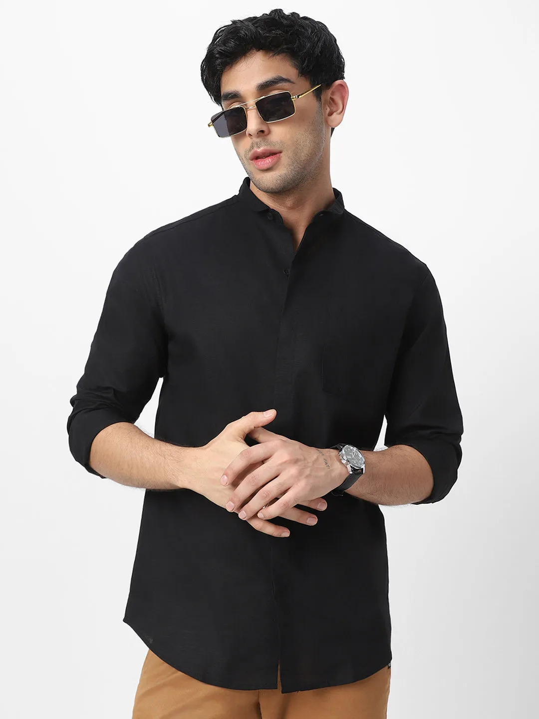 Men's Black Cotton Full Sleeve Regular Fit Casual Solid Shirt with Band Collar