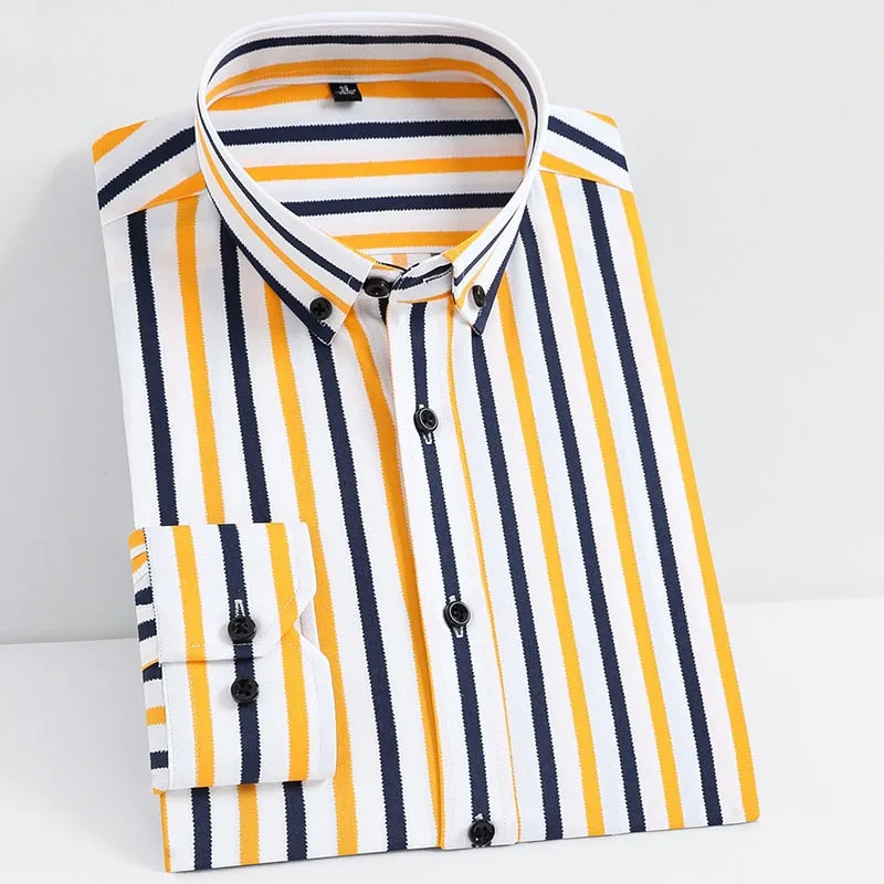 Men's Fashion Non-iron Stretch Soft Casual Striped Shirts Pocket-less Design Long Sleeve Standard-fit Youthful Button-down Shirt