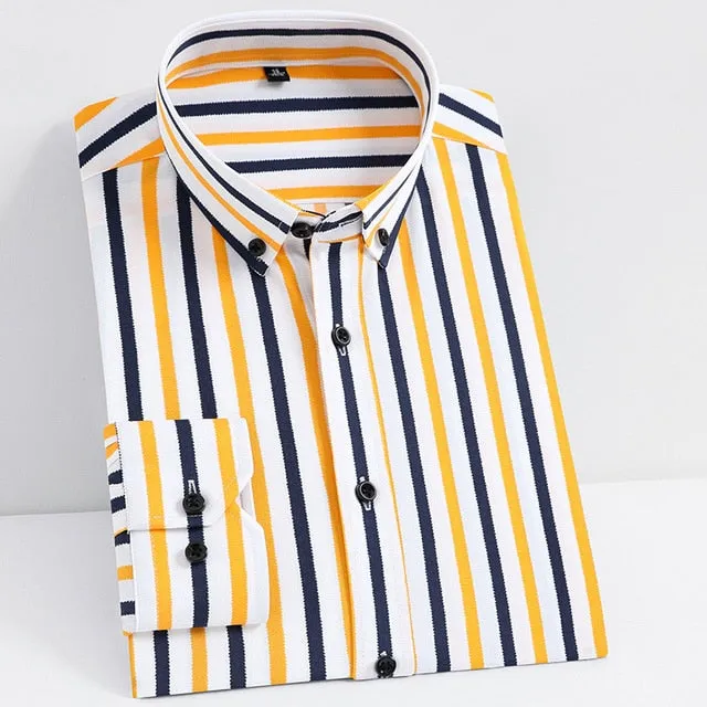 Men's Fashion Non-iron Stretch Soft Casual Striped Shirts Pocket-less Design Long Sleeve Standard-fit Youthful Button-down Shirt