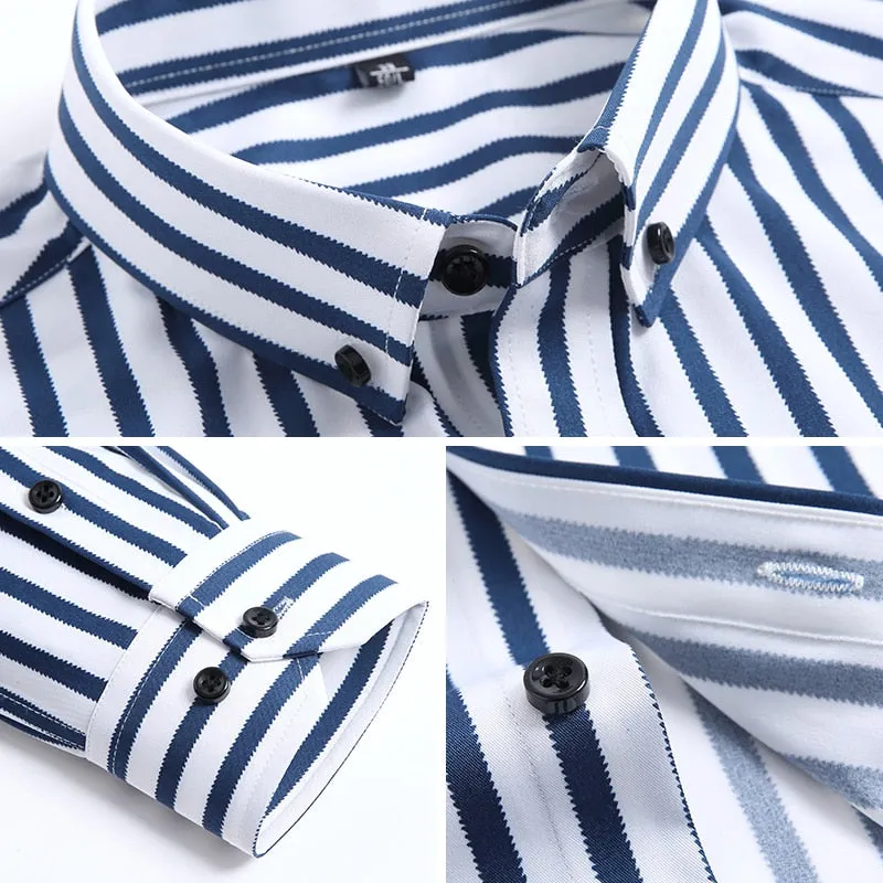 Men's Fashion Non-iron Stretch Soft Casual Striped Shirts Pocket-less Design Long Sleeve Standard-fit Youthful Button-down Shirt