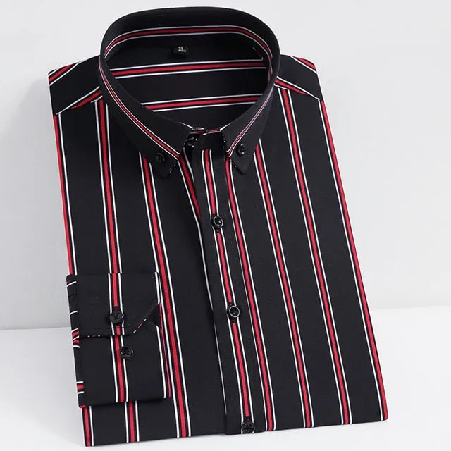 Men's Fashion Non-iron Stretch Soft Casual Striped Shirts Pocket-less Design Long Sleeve Standard-fit Youthful Button-down Shirt