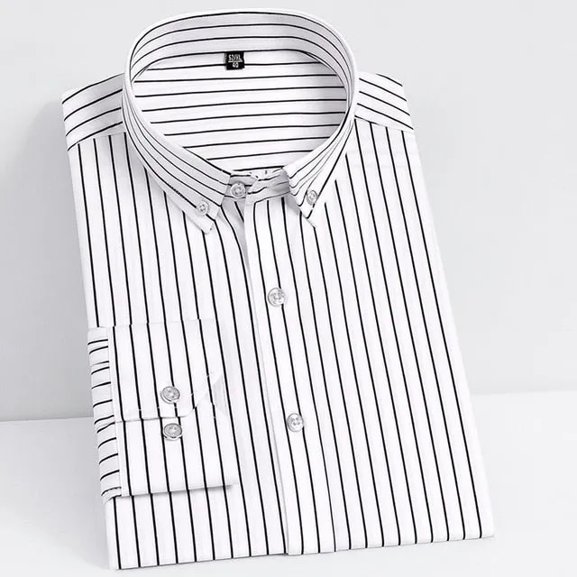 Men's Fashion Non-iron Stretch Soft Casual Striped Shirts Pocket-less Design Long Sleeve Standard-fit Youthful Button-down Shirt