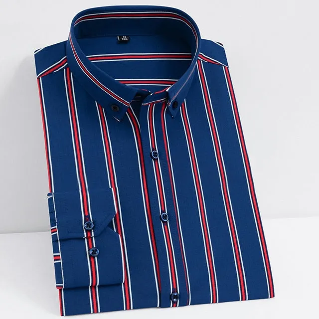 Men's Fashion Non-iron Stretch Soft Casual Striped Shirts Pocket-less Design Long Sleeve Standard-fit Youthful Button-down Shirt
