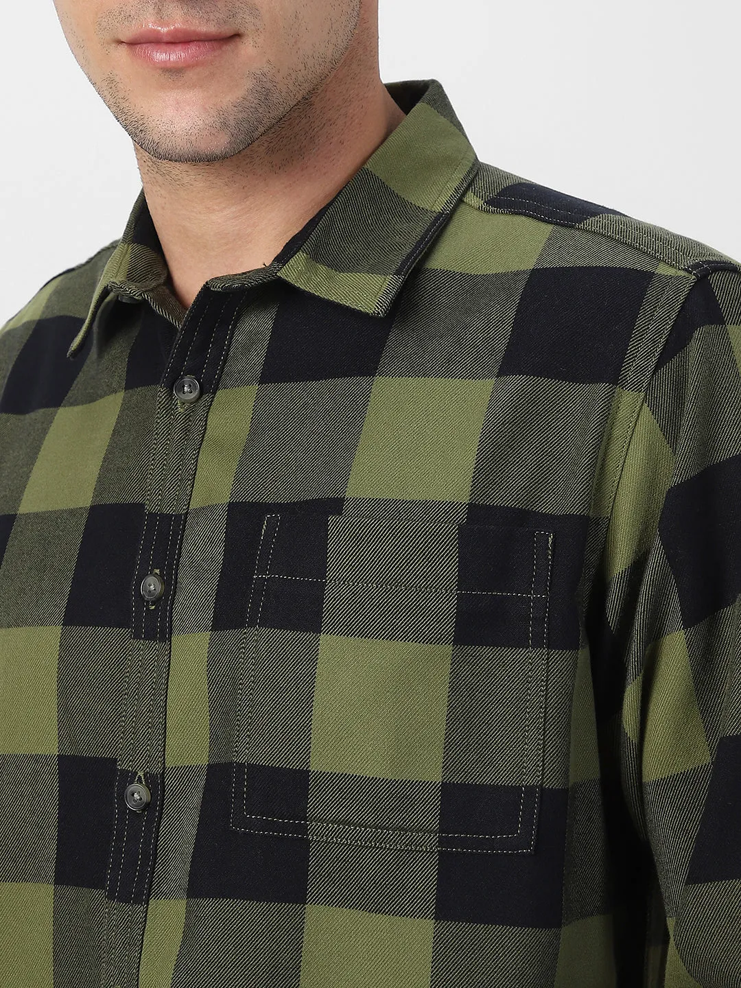 Men's Green Black Cotton Full Sleeve Regular Fit Casual Checkered Shirt