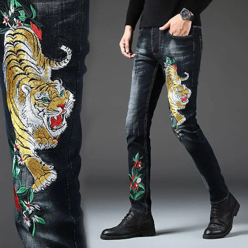Men's Stretch Slim Fit Tiger Embroidery Jeans