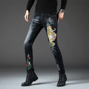 Men's Stretch Slim Fit Tiger Embroidery Jeans