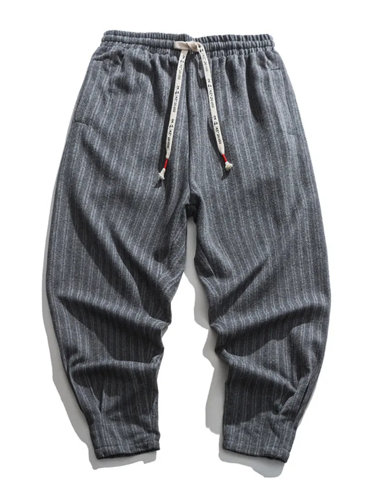 Men's Stylish Striped Drawstring Thickened Woolen Casual Pants