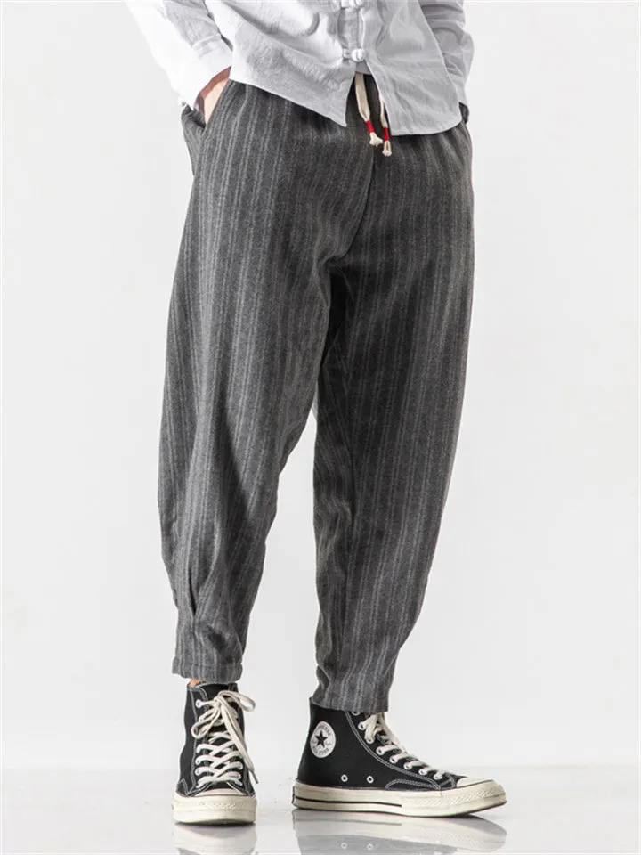 Men's Stylish Striped Drawstring Thickened Woolen Casual Pants