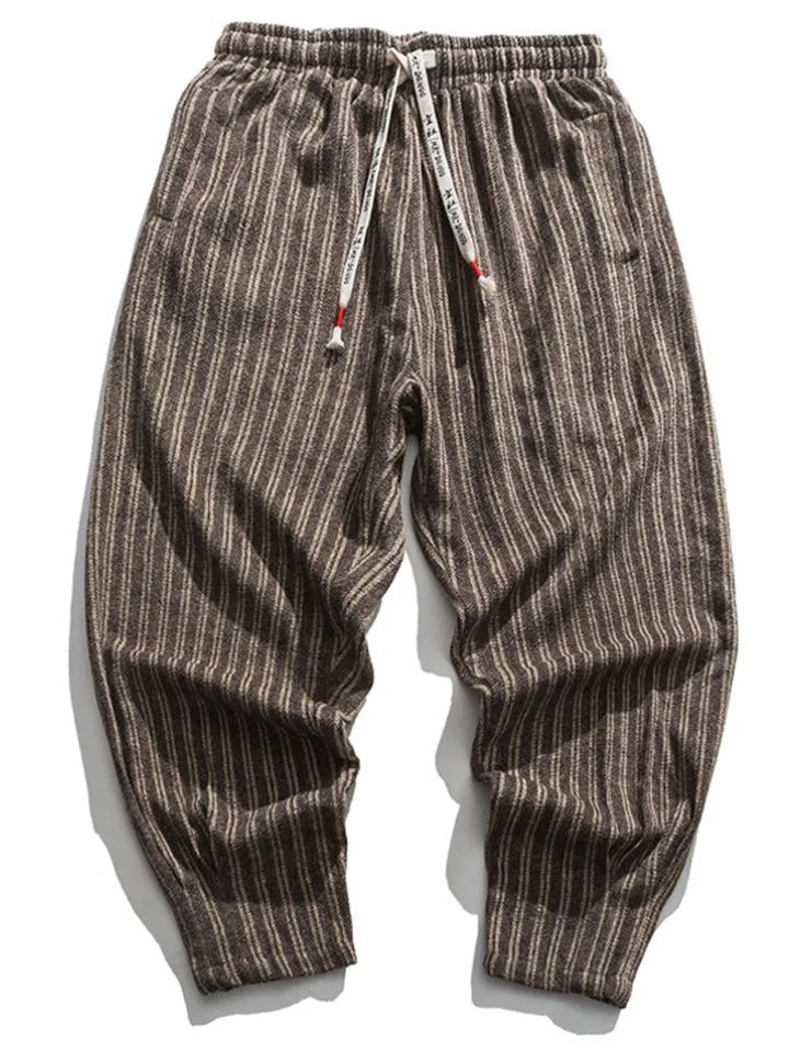 Men's Stylish Striped Drawstring Thickened Woolen Casual Pants