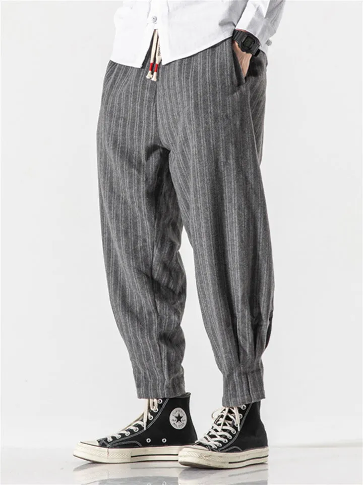 Men's Stylish Striped Drawstring Thickened Woolen Casual Pants