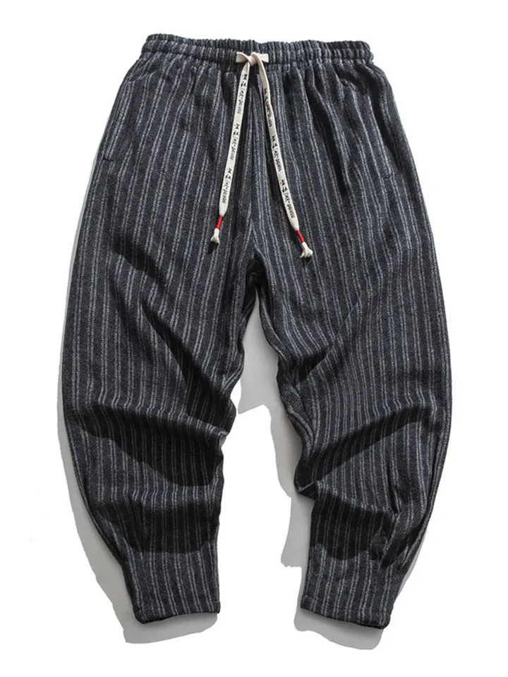 Men's Stylish Striped Drawstring Thickened Woolen Casual Pants