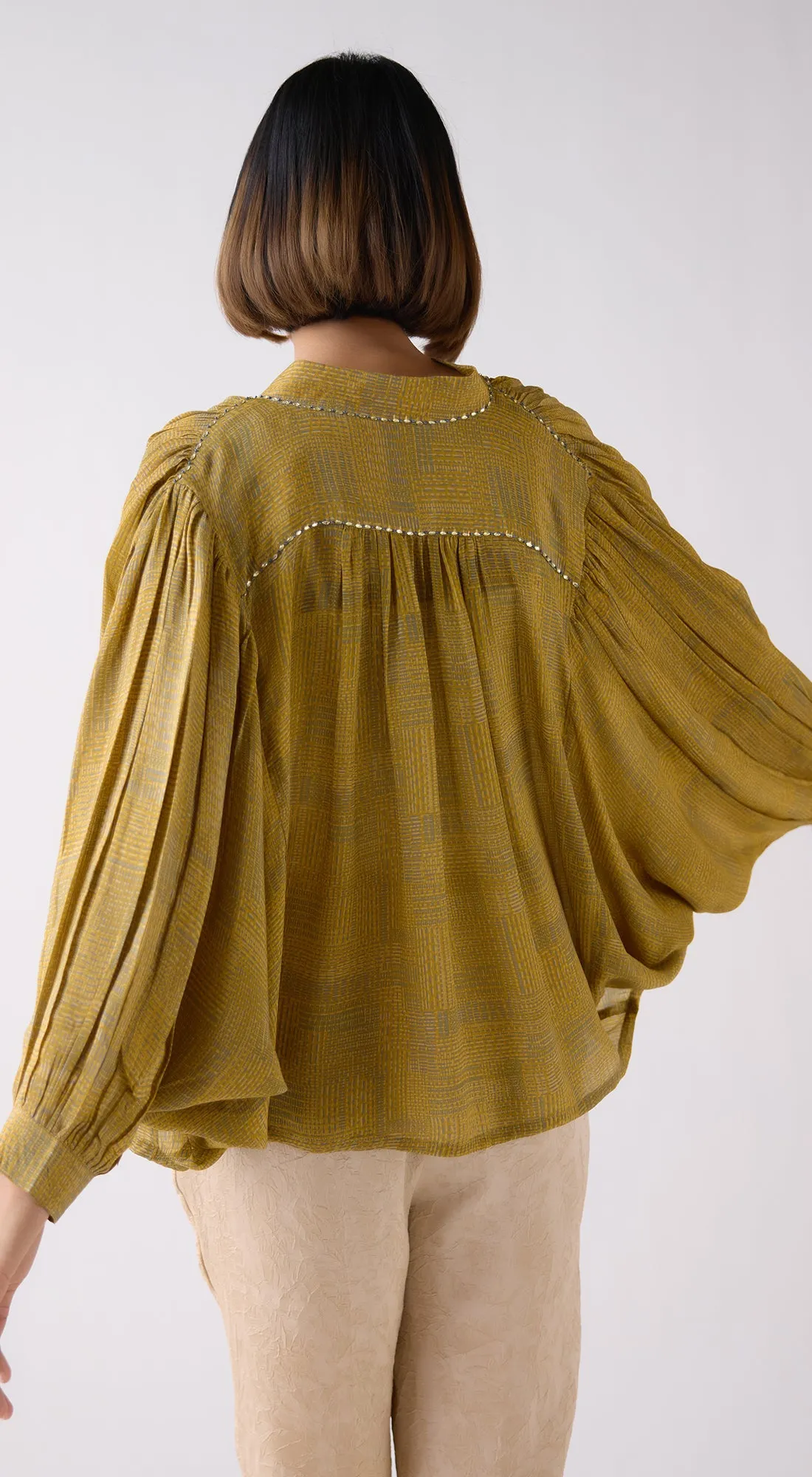 Mustard Crepe Abstract Print Flowing Shirt