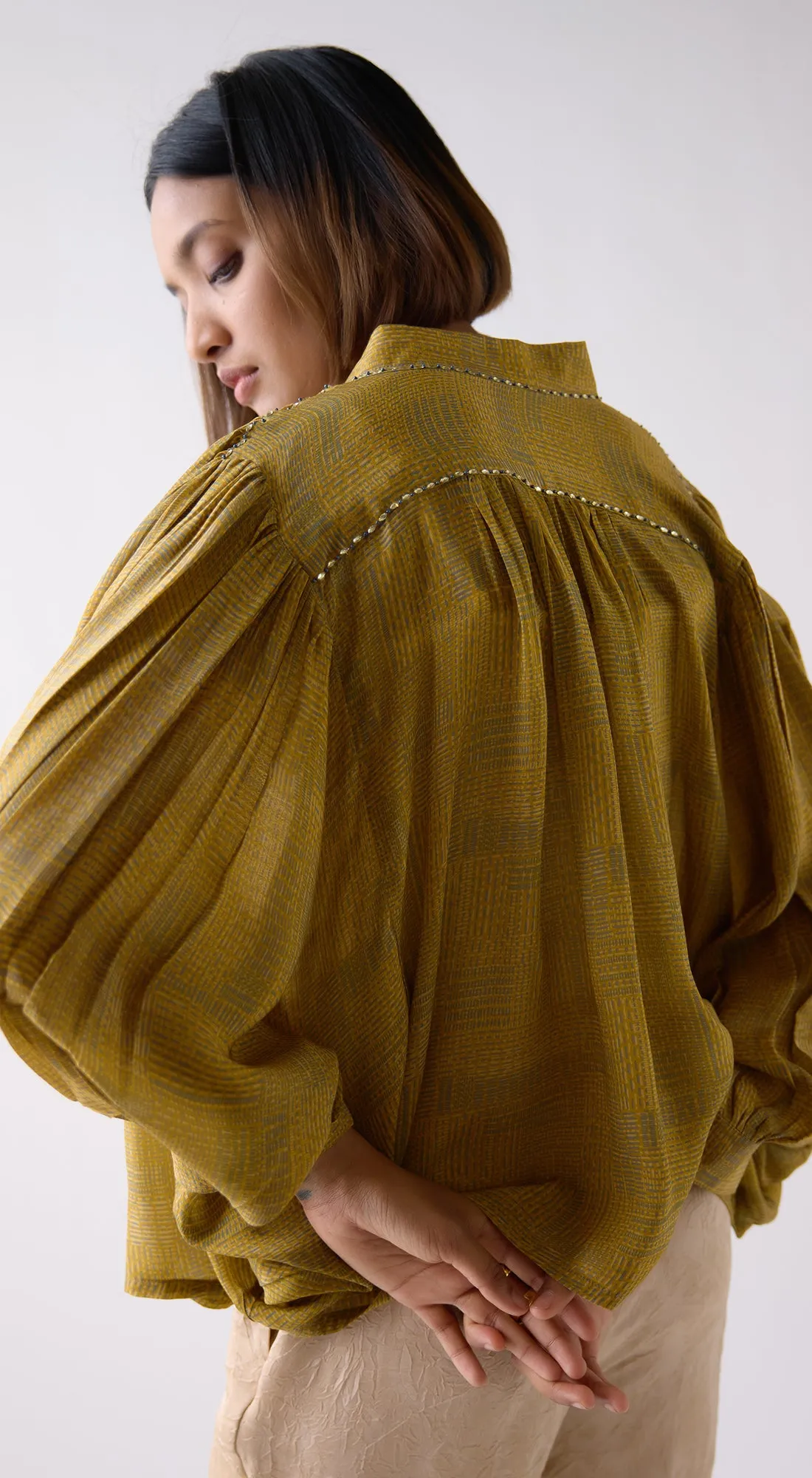 Mustard Crepe Abstract Print Flowing Shirt