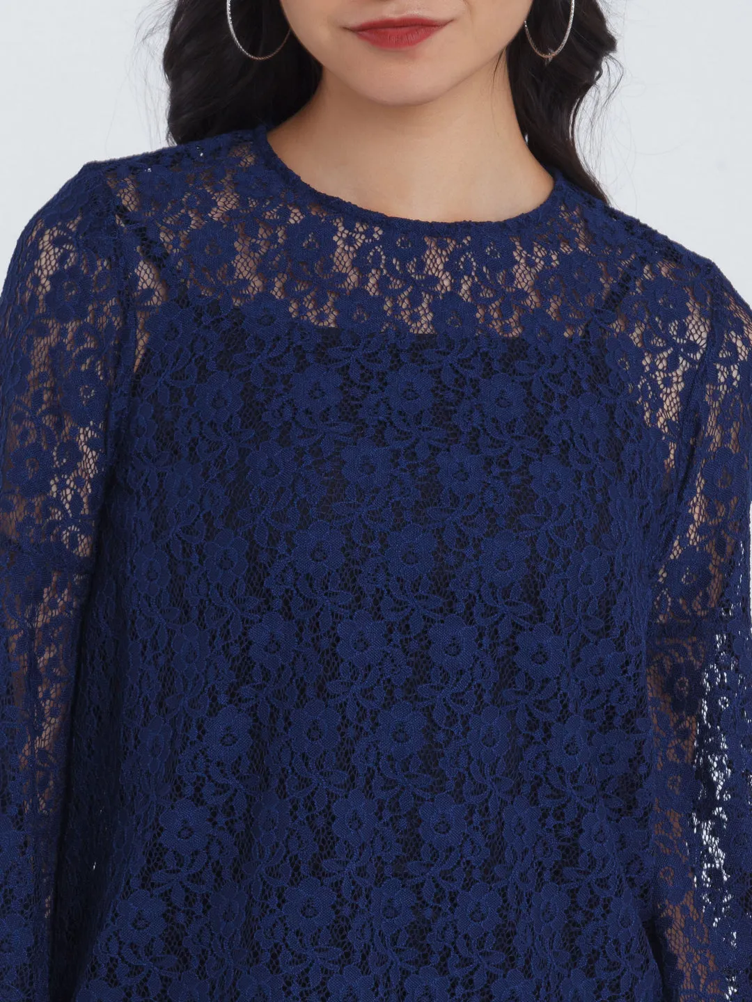 Navy Blue Lace Flared Sleeve Top