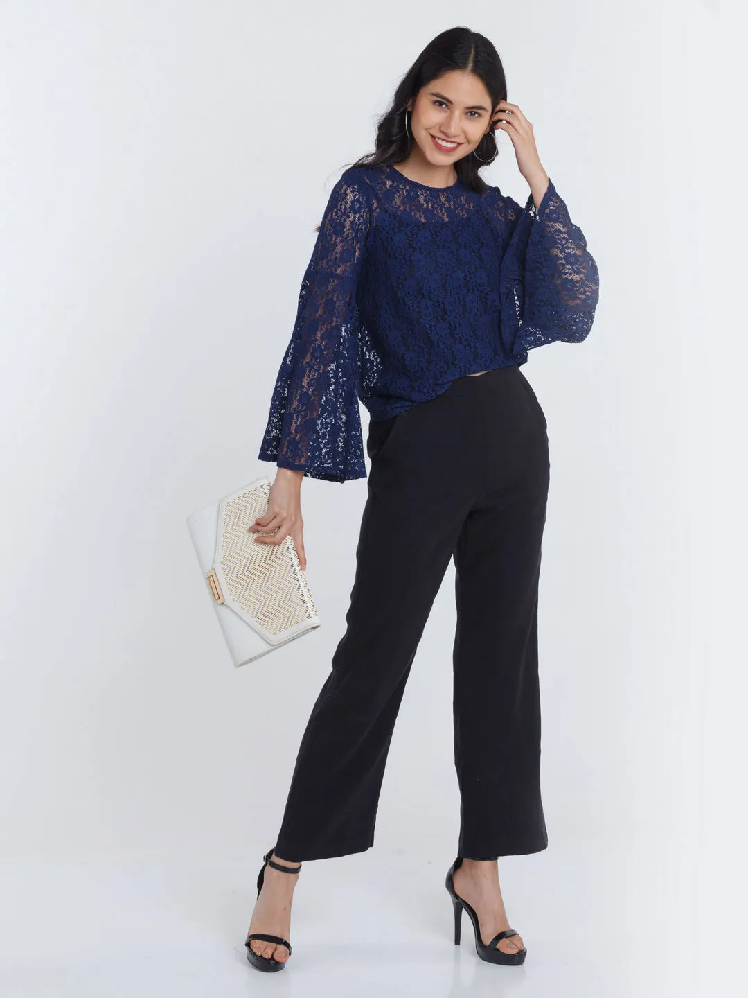 Navy Blue Lace Flared Sleeve Top