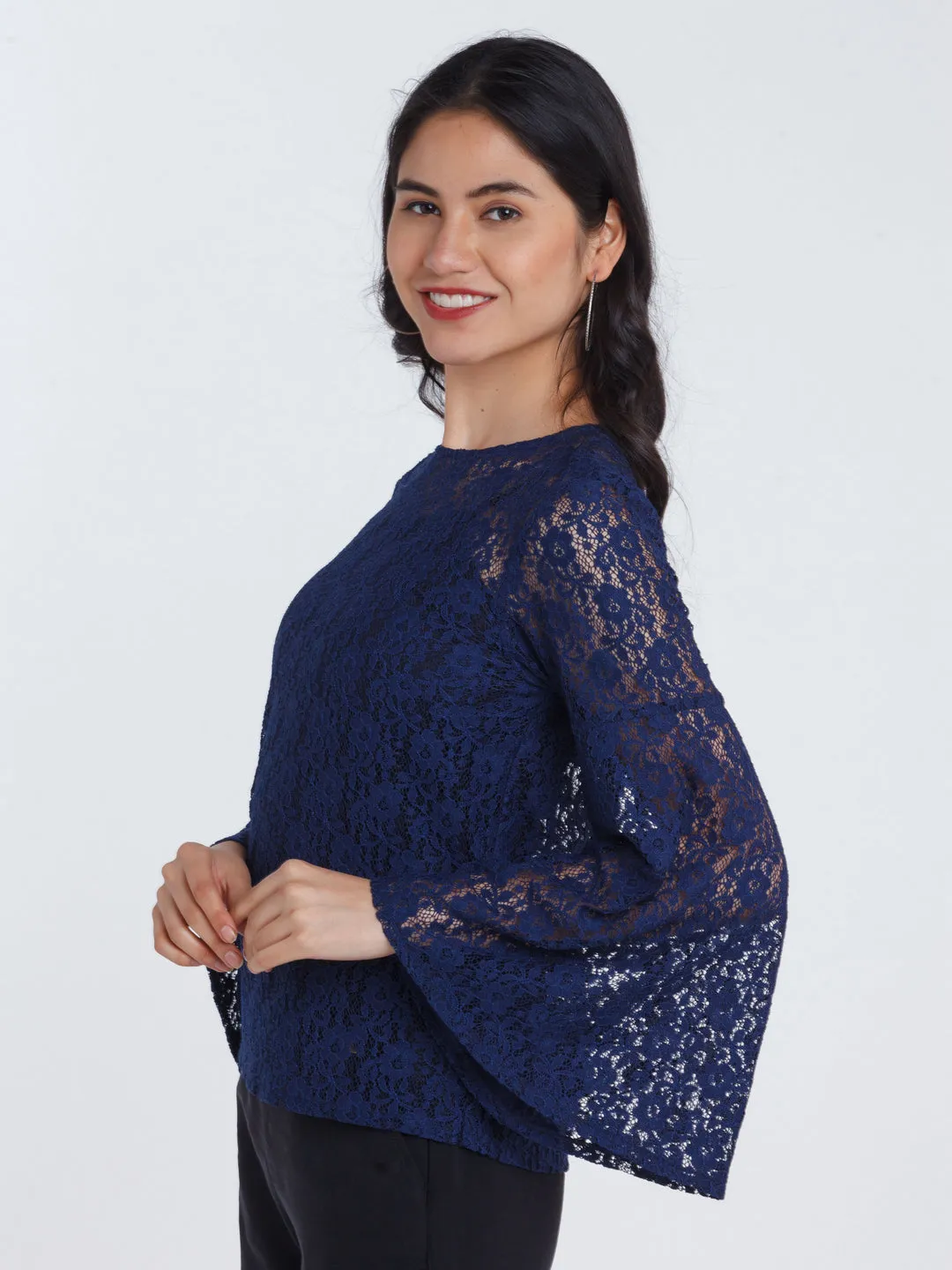 Navy Blue Lace Flared Sleeve Top