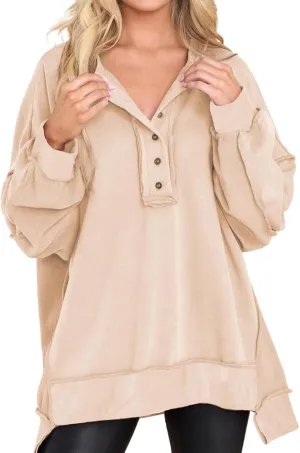 Oversized Sweatshirts for Women Loose Fit Button Henley Neck Pullover Casual Solid Pullover Long Sleeve Tunic Top