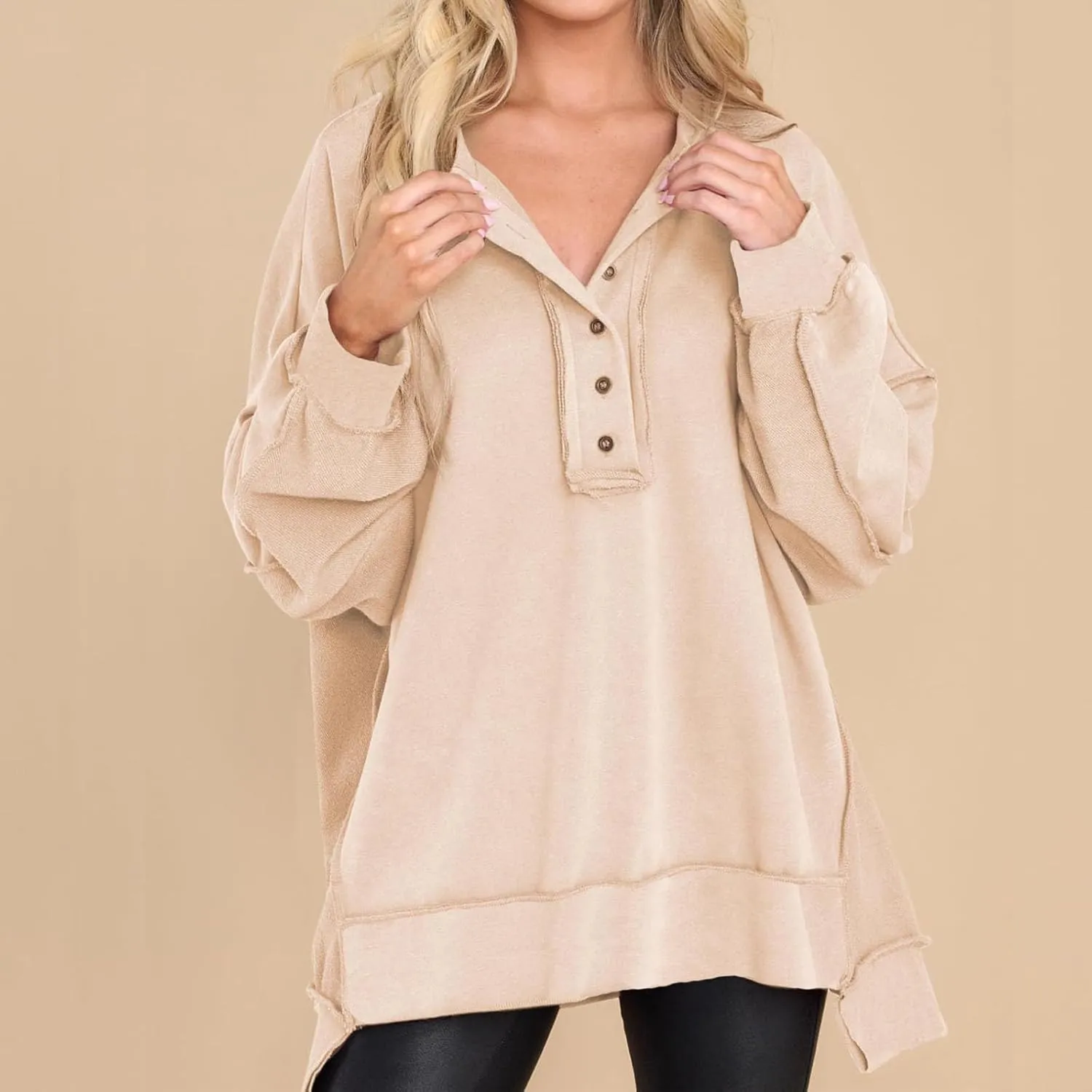 Oversized Sweatshirts for Women Loose Fit Button Henley Neck Pullover Casual Solid Pullover Long Sleeve Tunic Top