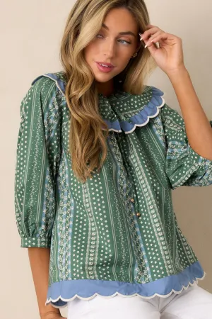 Pay Attention 100% Cotton Green Floral Scallop Hem Top