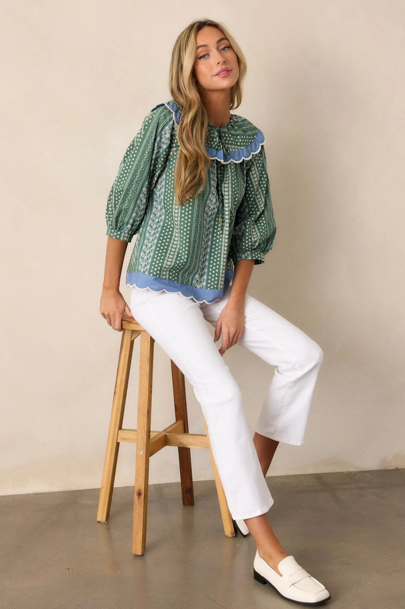 Pay Attention 100% Cotton Green Floral Scallop Hem Top