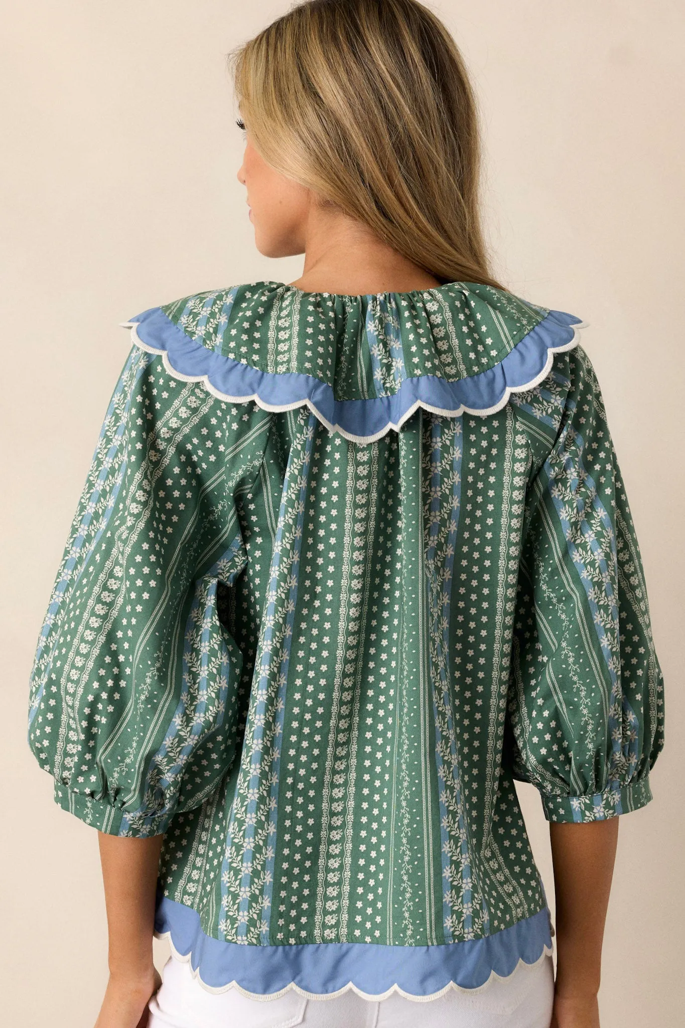 Pay Attention 100% Cotton Green Floral Scallop Hem Top