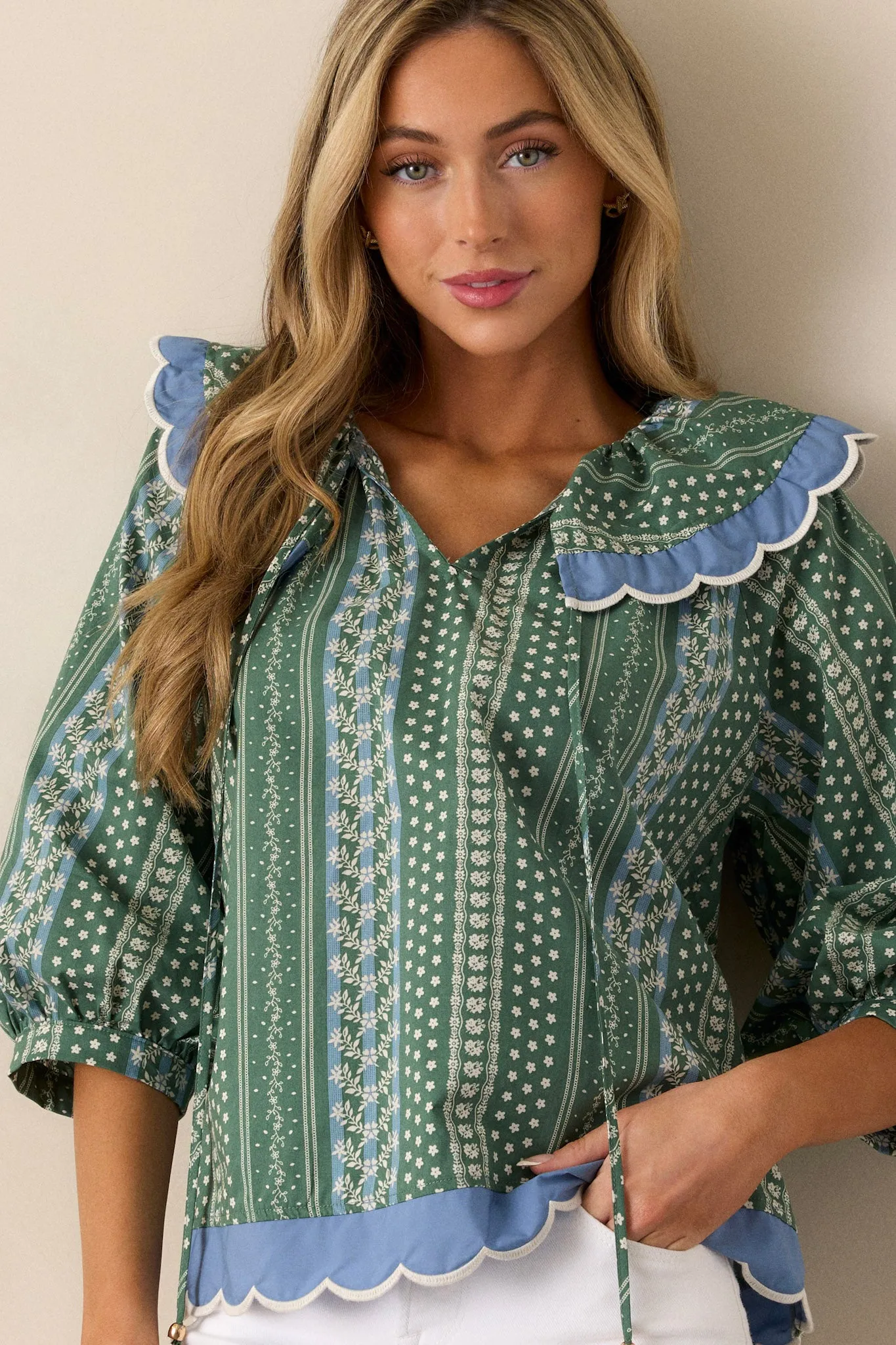 Pay Attention 100% Cotton Green Floral Scallop Hem Top