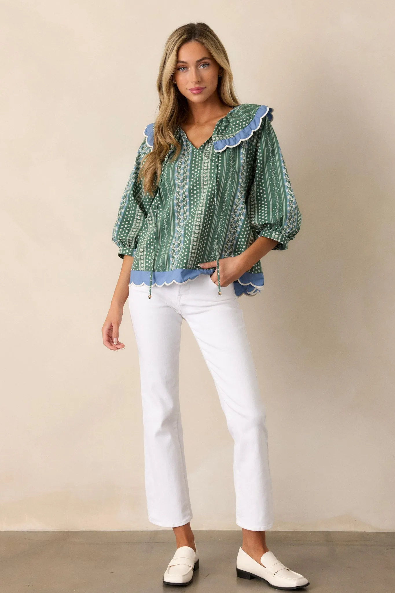 Pay Attention 100% Cotton Green Floral Scallop Hem Top