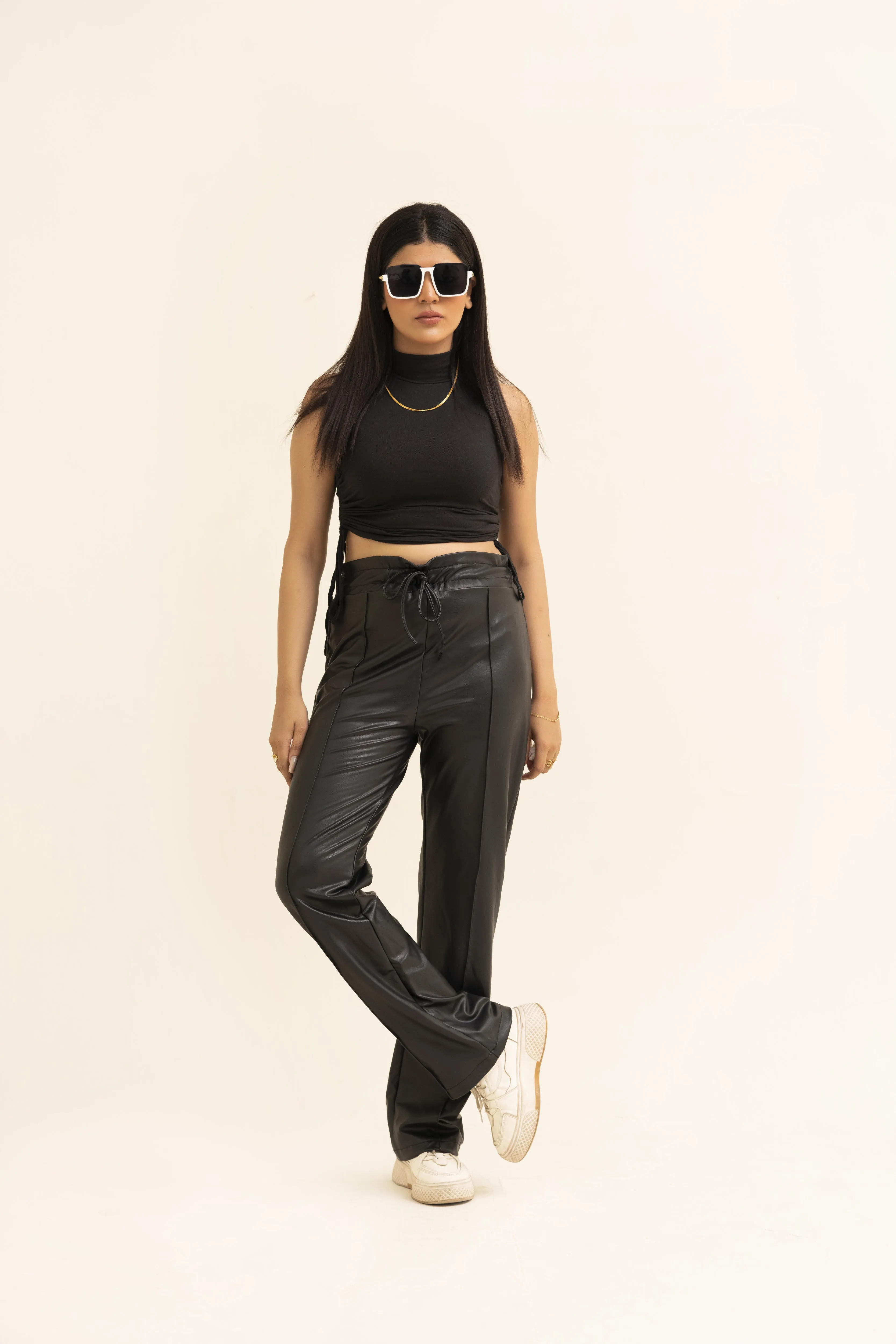 Pleated Faux Leather Pants For Women-2520