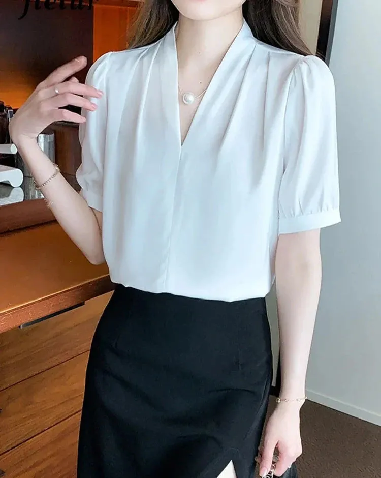 Pure Color Puff Sleeve Female Blouses V-neck Slim Elegant Summer Womem's Blouse Fashion Casual Streetwear Outfits